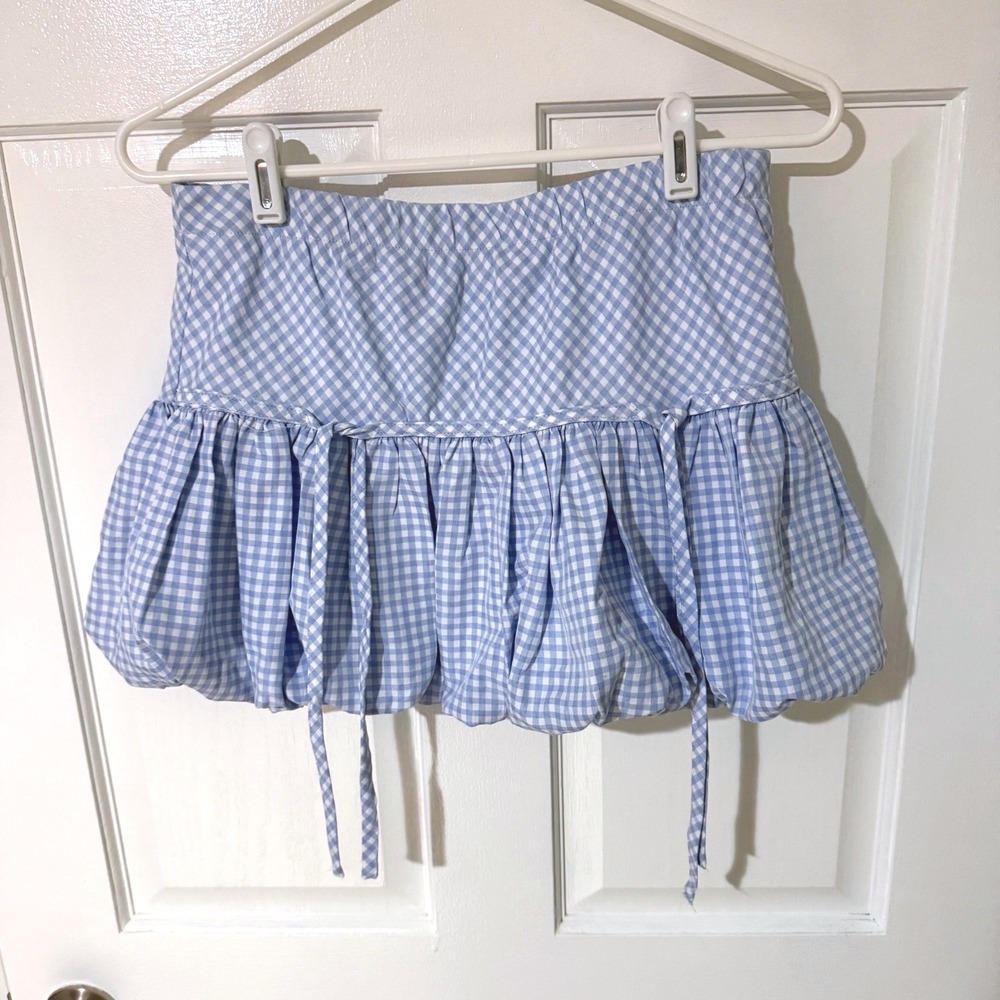 Free Haven Blue Gingham Bubble Mini Skirt Elastic Waist Tie Detail Medium